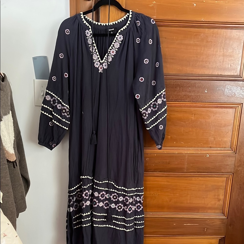 Madewell autumn Embroidered Navy Blue Maxi Dress